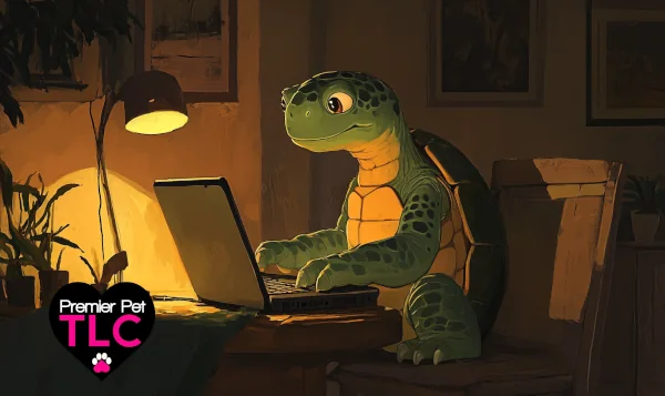 Turtle using laptop to schedule pet sitting