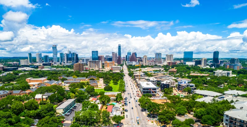 Aerial view of Austin Tx skyline on a bright sunny day